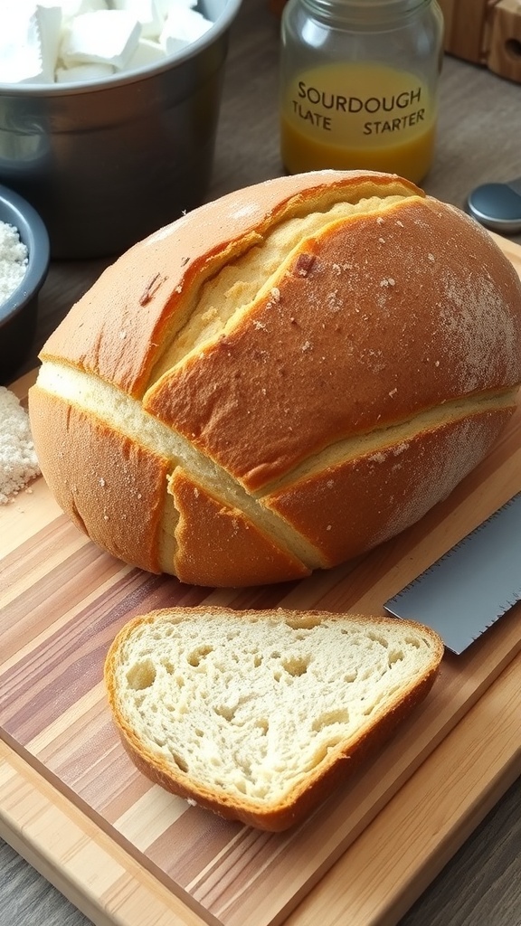 Homemade Sourdough Bread Recipe A golden-brown crusted sourdough bread loaf on a cutting board with a knife.